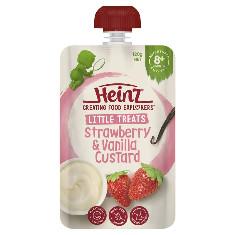 Váng sữa túi Heinz Úc 120g - Vị dâu, vani custard (cho bé từ 8 tháng tuổi)